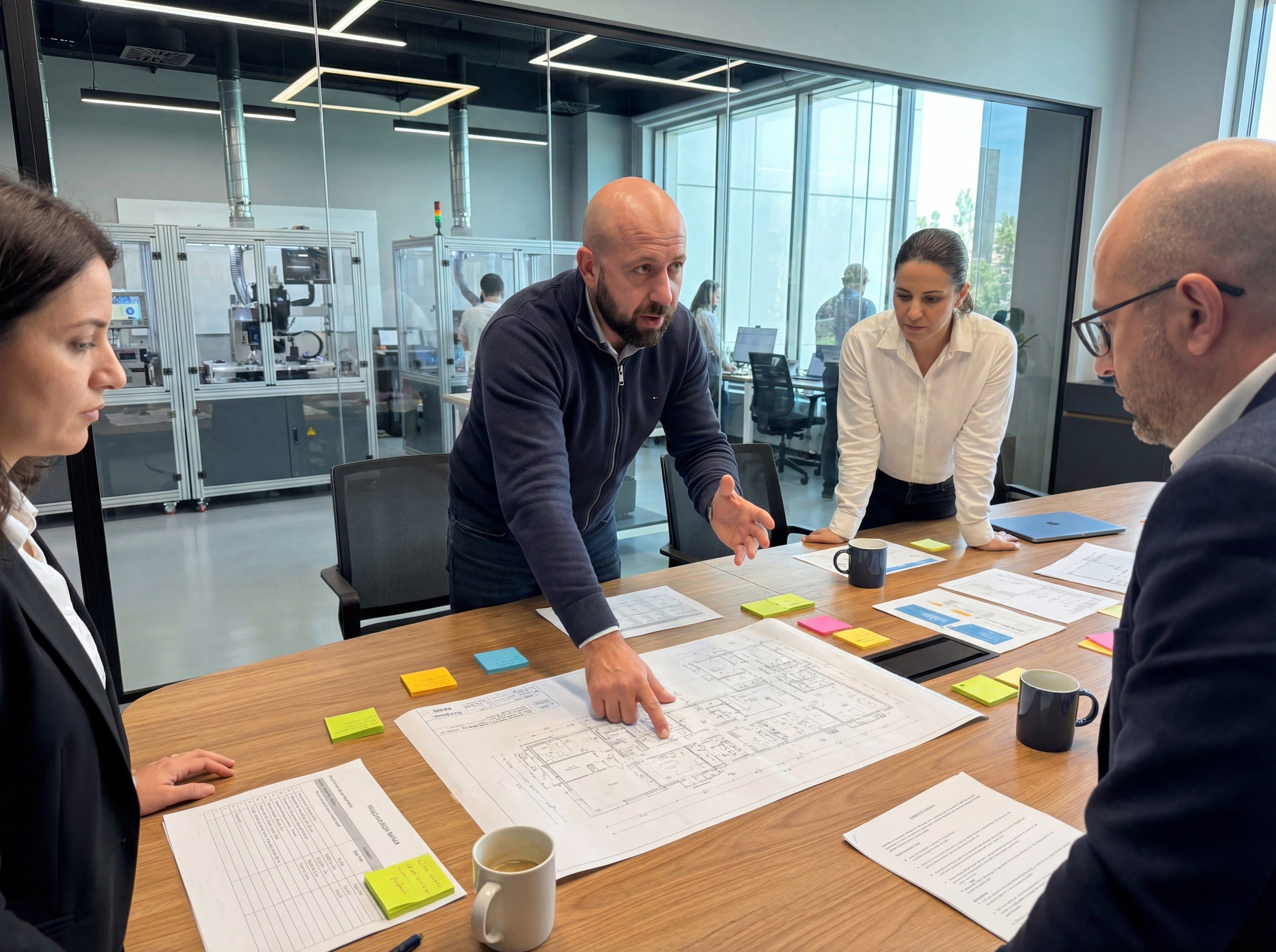 Alexander Balabanov working with a team over plans at a table